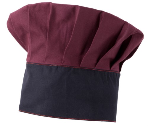 Chef hat, double band of fabric, upper part inserted and stitched in pleats, colour burgundy, blue 