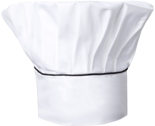Chef hat, double band of fabric with upper part inserted and sewn in pleats, color white, black