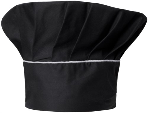 Chef hat, double band of fabric with upper part inserted and sewn in pleats, color black, silver