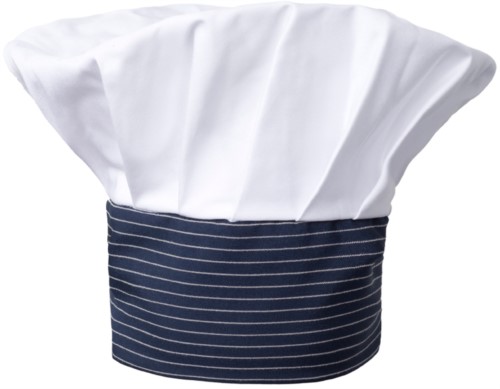 Chef hat, double band of fabric with upper part inserted and sewn in pleats, color white, blue pinstripe