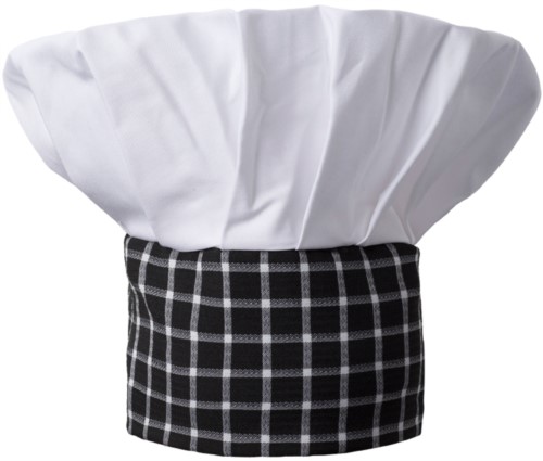 Chef hat, double band of fabric with upper part inserted and sewn in pleats, color white, black white squares