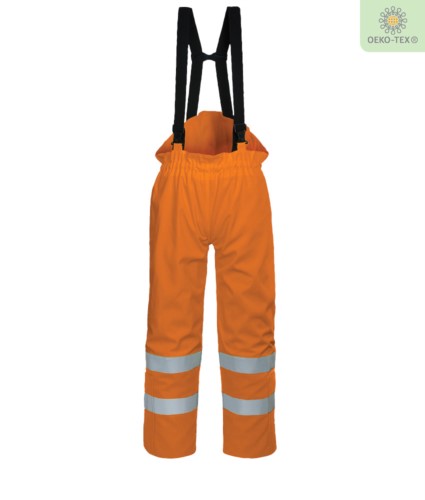 Antistatic lined trousers, fireproof high visibility, ankle zip, elasticated back waist, cotton lining, orange color. CE certified, EN 343:2008, EN 1149-5, UNI EN 20471:2013, EN 13034, UNI EN ISO 14116:2008
