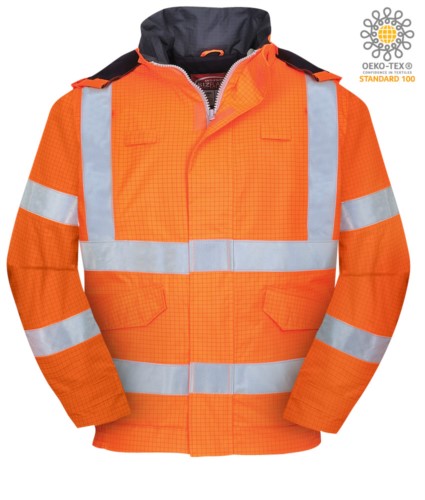 Bomber waterproof antistatic, fireproof and acid-proof, concealed hood, double reflective band on waist and sleeves, certified EN 343:2008, UNI EN 20741:2013, EN 1149-5, EN 13034, UNI EN ISO 14116:2008, color orange