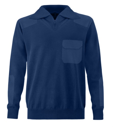 Men high neck sweater, short zip, shoulder and elbow patches, flap pocket, 100% acrylic fabric
color navy blue
