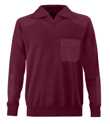 Men high neck sweater, short zip, shoulder and elbow patches, flap pocket, 100% acrylic fabric
color garnet
