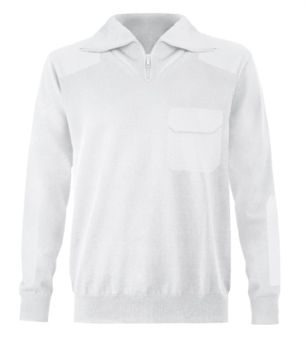 Men high neck sweater, short zip, shoulder and elbow patches, flap pocket, 100% acrylic fabric
color white
