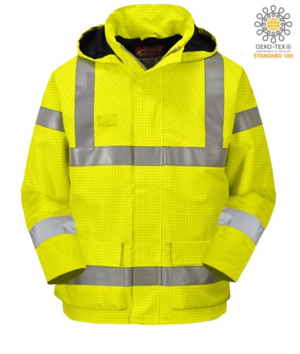 Fireproof jacket, high visibility antistatic, pockets, double band on waist and sleeves, concealed hood, inner padding, certified EN 343:2008, UNI EN 20471:2013, EN 1149-5, EN 13034, UNI EN ISO 14116:2008, color yellow 