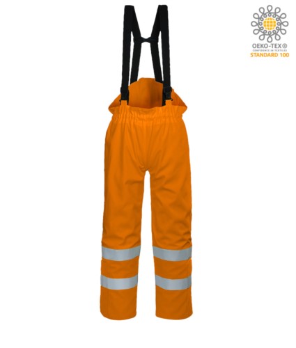 Antistatic trousers, fireproof, high visibility, adjustable straps with adjustable buckle, double band on the bottom of the leg, certified EN 343:2008, UNI EN 20741:2013, EN 1149-5, EN 13034, UNI EN ISO 14116:2008, color orange
