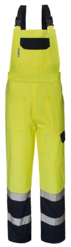 Two-tone high visibility bibs, with central pocket on the bib, adjustable shoulder straps, double band at the bottom of the leg, certified EN 20471, colour yellow and blue.