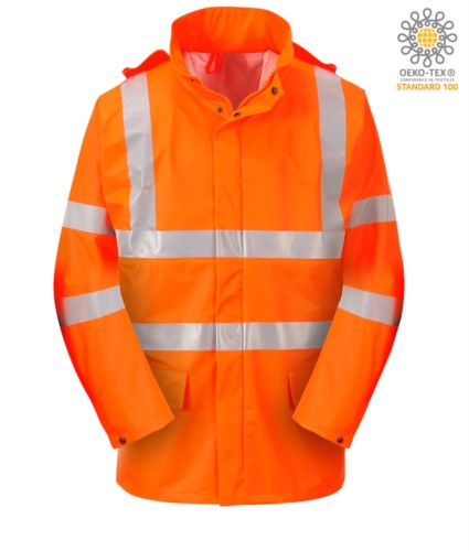 High visibility fireproof jacket, zip with double slider, adjustable cuffs with buttons, double band on waist and sleeves, concealed hood, certified EN 343:2008, UNI EN 20741:2013, EN 1149-5, EN 13034, UNI EN ISO 14116:2008, color orange