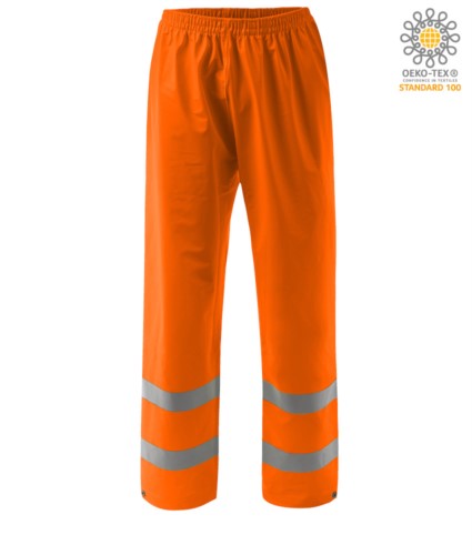 High visibility fireproof trousers, adjustable bottom with button, double band at the bottom of the leg, elasticated waist, certified EN 343:2008, UNI EN 20471:2013, EN 1149-5, EN 13034, UNI EN ISO 14116:2008, colour orange