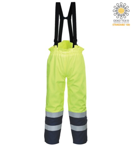 Antistatic, high visibility fireproof trousers, adjustable shoulder straps with buckle, double band on the bottom of the leg, two-tone, certified EN 343:2008, UNI EN 20471:2013, EN 1149-5, EN 13034, UNI EN ISO 14116:2008, colour yellow