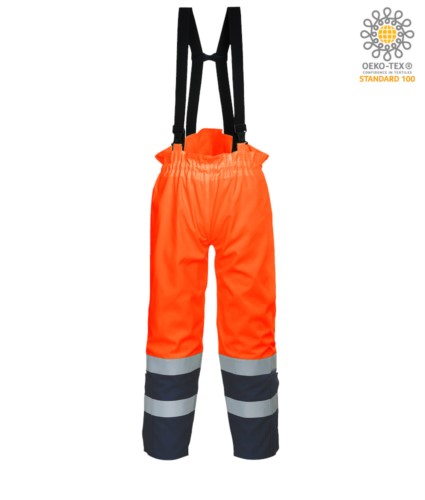 Antistatic, high visibility fireproof trousers, adjustable shoulder straps with buckle, double band on the bottom of the leg, two-tone, certified EN 343:2008, UNI EN 20471:2013, EN 1149-5, EN 13034, UNI EN ISO 14116:2008, colour orange 