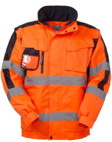 High visibility Pilot jacket with detachable sleeves, badge holder, concealed hood, double band on sleeves and waist, certified EN 343, EN 20471. Colour orange