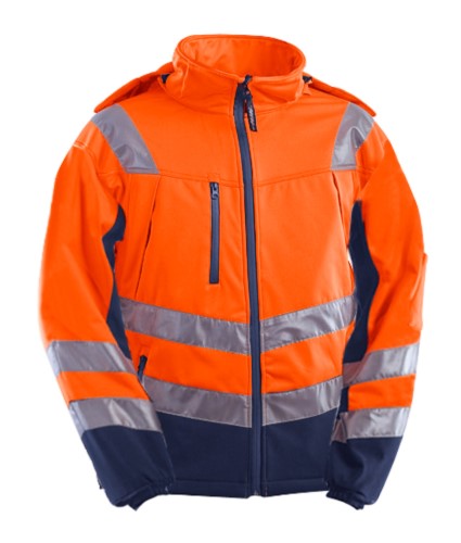 High visibility jacket with shirt collar, chest pockets, double band at the waist and sleeves, certified EN 20471, color orange