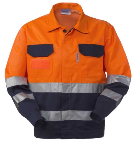 High visibility jacket with shirt collar, chest pockets, double band at the waist and sleeves, certified EN 20471, color orange /blue