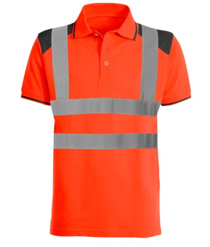 Two- tone high visibility polo shirt with reflective bands cotrasting details o the shoulders, collar and bottom sleeve. EN 20471 certified. Colour orange