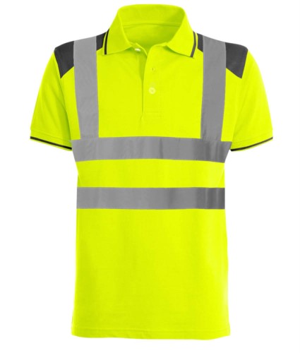 Two- tone high visibility polo shirt with reflective bands cotrasting details o the shoulders, collar and bottom sleeve. EN 20471 certified. Colour yellow