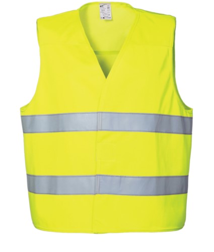 High visibility vest with double reflective band to the waist, closure with veltre, certified EN 20471. Colour Yellow