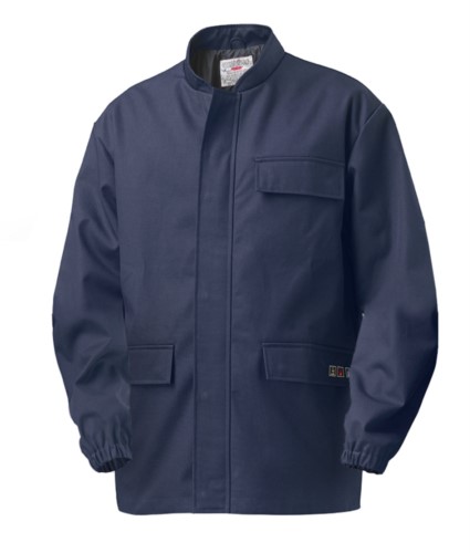 Multipro jacket, elastic at the wrists, covered zip fastening, two pockets and one on the pocket, Korean collar, blue colour, certified EN 11611, EN 1149-5, EN 13034, CEI EN 61482-1-2:2008, EN 11612:2009