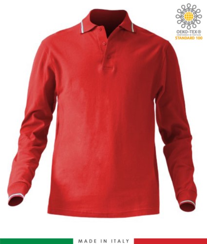 Long sleeved tricolour pique polo shirt, side vents, three matching buttons, made in Italy, colour red