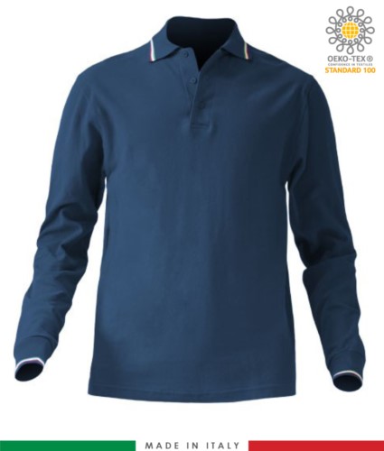 Long sleeved tricolour pique polo shirt, side vents, three matching buttons, made in Italy, colour navy blue