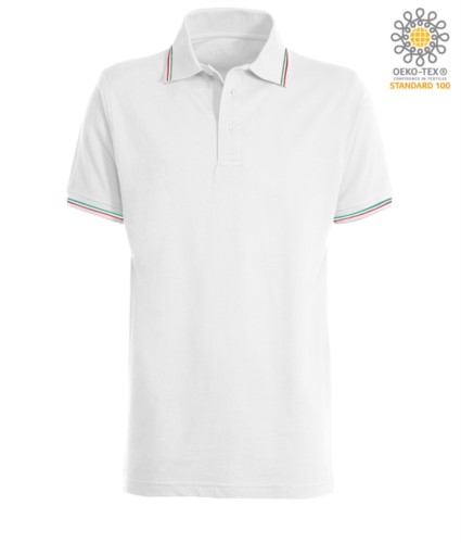 Polo pique tricolor short sleeve, side vents, three buttons in the same color, made in italy, color white
