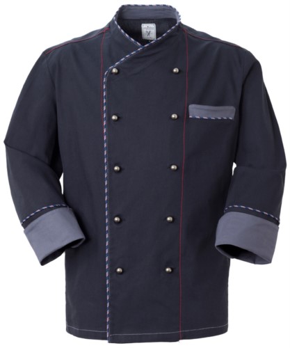 Chef jacket, front closure with double breasted buttons, left side pocket, three-quarter length sleeve, color blue