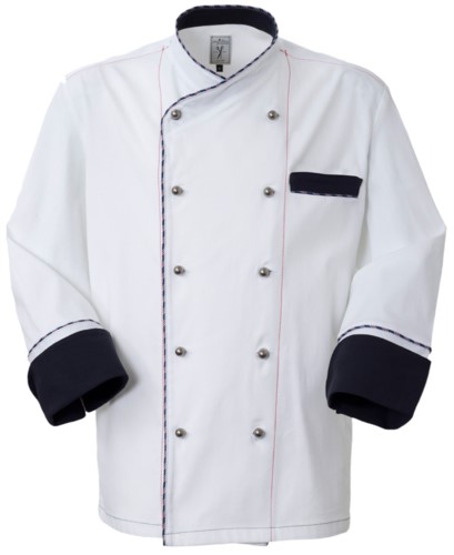 Chef jacket, front closure with double breasted buttons, left side pocket, three-quarter length sleeve, color white

