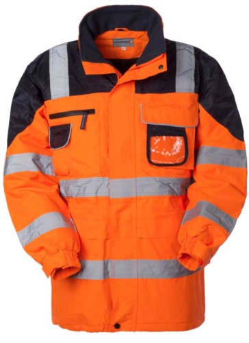 High visibility jacket, zip and covered buttons closure, badge holder, concealed hood, double band on sleeves, waist, vertical and rear, certified EN 343, EN 20471. Colour Orange