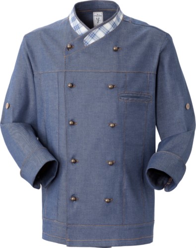 Chef jacket, double breasted front button closure, left side pocket, three-quarter sleeve, color denim 