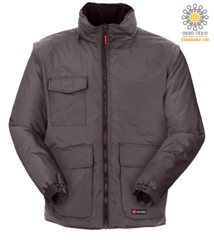 Multi pocket ripstop jacket with detachable sleeves, with hood. Colour Grey