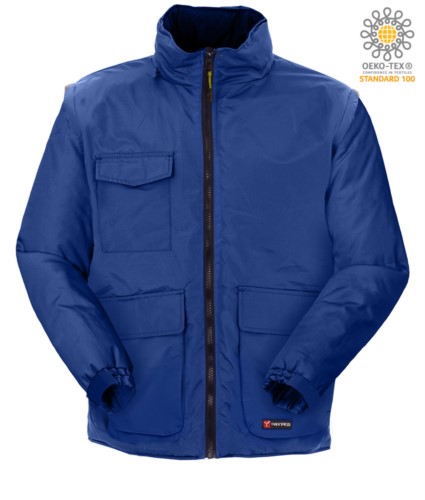 Multi pocket ripstop jacket with detachable sleeves, with hood. Colour Royal blue