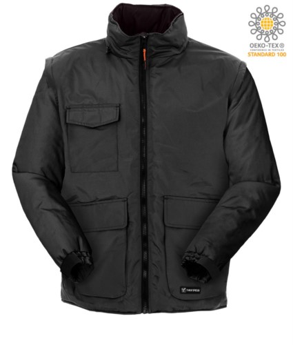 Multi pocket ripstop jacket with detachable sleeves, with hood. Colour Black