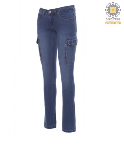 Women jeans trousers with multiple pockets, five pockets and two side pockets, metal zip closure, color light blue 