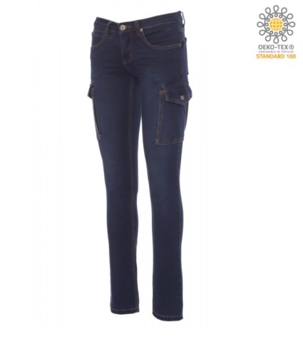 Women jeans trousers with multiple pockets, five pockets and two side pockets, metal zip closure, color dark blue