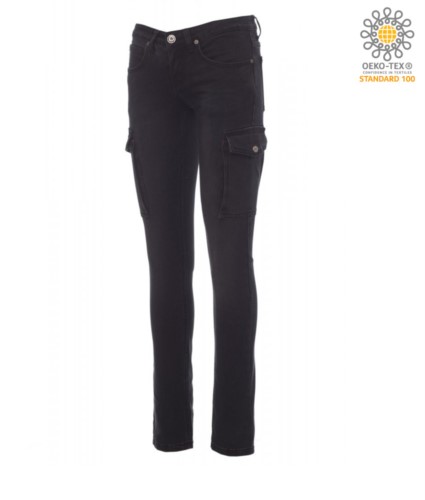 Women jeans trousers with multiple pockets, five pockets and two side pockets, metal zip closure, color black