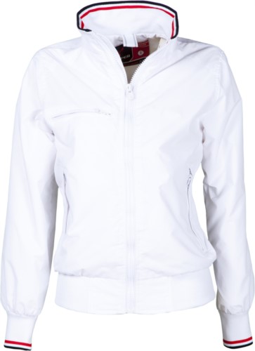 Women unlined jacket in nylon for women, collar, cuffs and waist in elasticated rib with coloured red and back profiles. Zippered breast pocket. Color White
