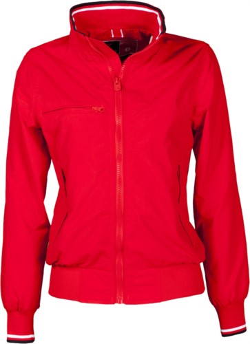 Women unlined jacket in nylon for women, collar, cuffs and waist in elasticated rib with coloured red and white profiles. Zippered breast pocket. Color red
