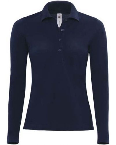Women Long sleeved polo shirt 100% combed cotton, color navy blue
