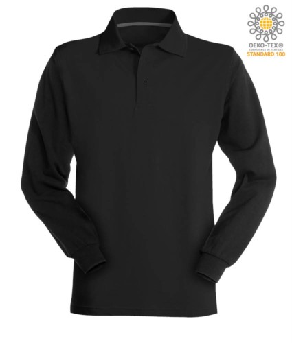 Long sleeved black cotton piquet polo shirt