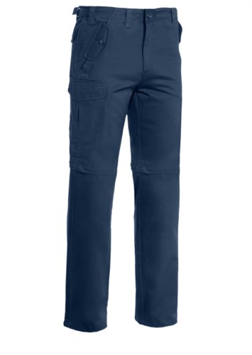 Multi pocket work trousers, shortenable to Bermuda shorts. Colour blue
