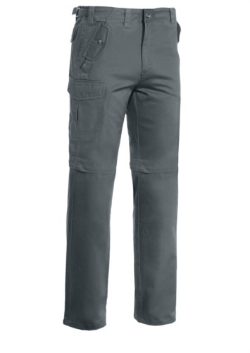 Multi pocket work trousers, shortenable to Bermuda shorts. Colour Grey