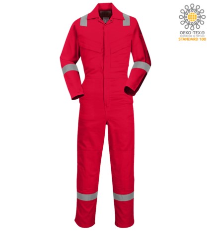 Antistatic overalls, light fire retardant, adjustable cuff with velcro, sleeve and knee pocket, reflective band on the bottom of the leg, sleeves and shoulders, certified 89/686/EE colour red