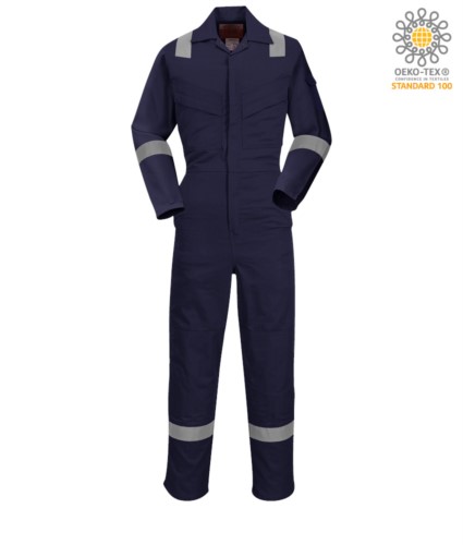 Antistatic overalls, light fire retardant, adjustable cuff with velcro, sleeve and knee pocket, reflective band on the bottom of the leg, sleeves and shoulders, certified 89/686/EE Colour: Navy Blue.
