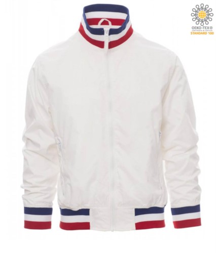 Unpadded jacket in nylon with drytech fabric; collar, cuffs and waist in rib with flag colours. Colour White with France flag