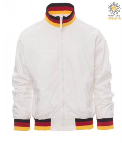 Unpadded jacket in nylon with drytech fabric; collar, cuffs and waist in rib with flag colours. Colour White with Germany flag