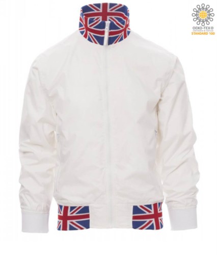 Unpadded jacket in nylon with drytech fabric; collar, cuffs and waist in rib with flag colours. Colour White with UK flag