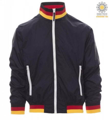 Unpadded jacket in nylon with drytech fabric; collar, cuffs and waist in rib with flag colours. Colour navy blue with Germany flag