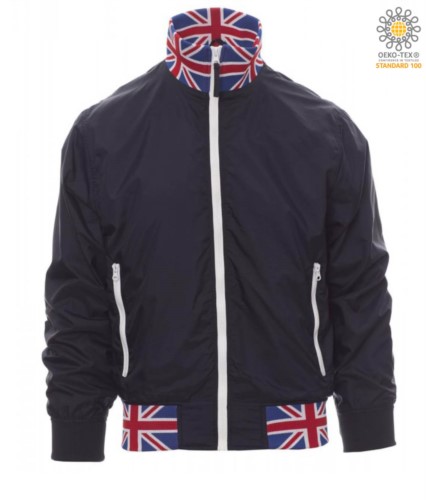 Unpadded jacket in nylon with drytech fabric; collar, cuffs and waist in rib with flag colours. Colour navy blue with UK flag